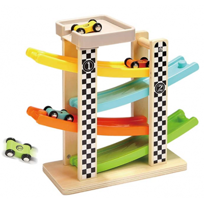 Eastommy hot selling Wooden Race Track Car Ramp Racer With 4 Mini Cars for 3 Year Old Boys,  magic track toys car race